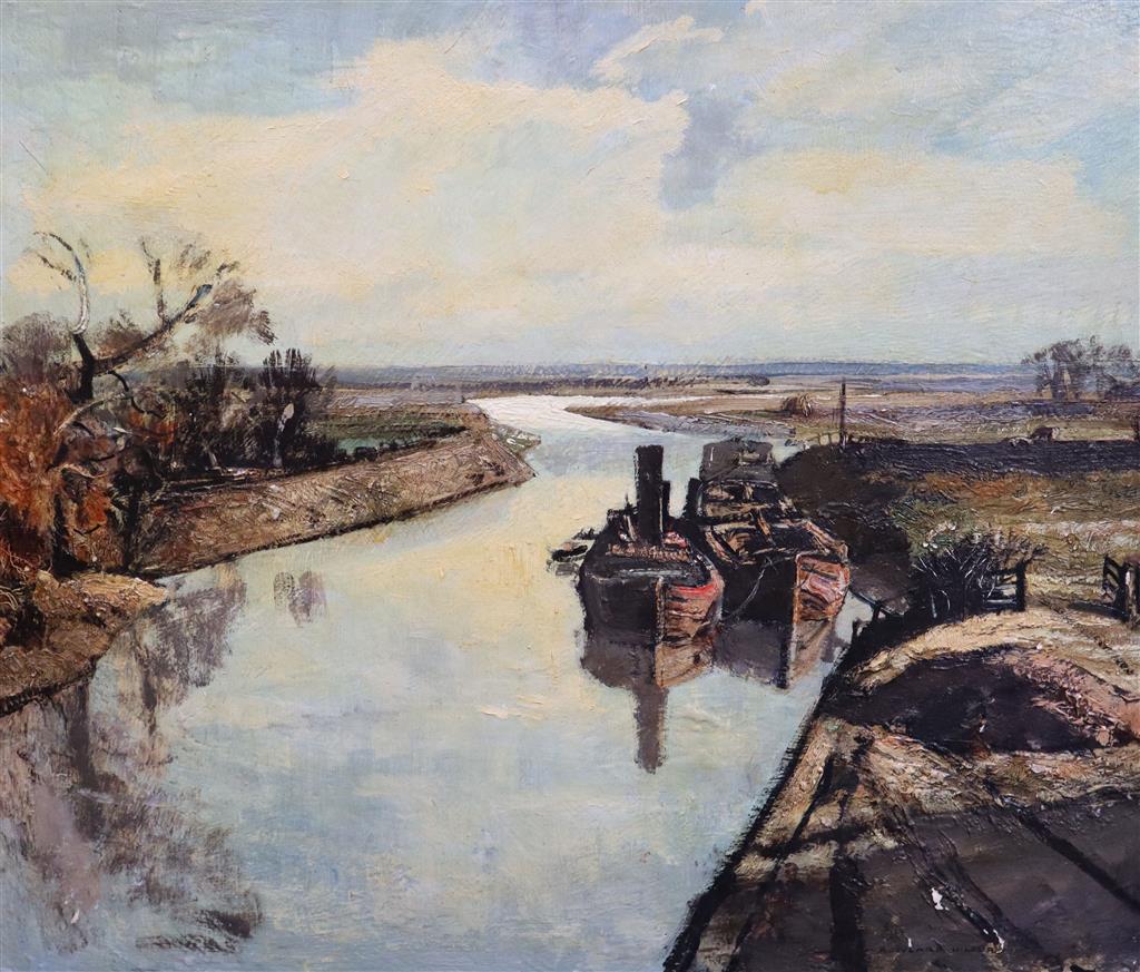 § Rowland Hilder (1905-1993) Barges on a canal 20 x 24in., unframed